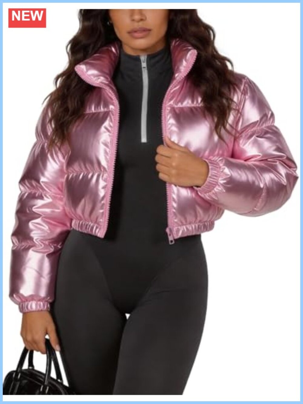 Flygo Women's Shiny Cropped Puffer Jacket Zip Up Winter Coat